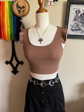 Load image into Gallery viewer, Ruffle Strap Stretchy Ribbed Bohemian Crop Tank | Seamless Scoop Neck Top | Summer Top | 2000s Retro | Vintage | Retro | Boho Hippie Fashion