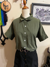 Load image into Gallery viewer, Dark Green Top-Short Sleeved Top-Buttoned Shirt-Designer Women Top-Button Down Shirt-Womens Top-Casual Top-Minimalist Women Blouse-Modern