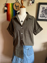 Load image into Gallery viewer, Dark Green Top-Short Sleeved Top-Buttoned Shirt-Designer Women Top-Button Down Shirt-Womens Top-Casual Top-Minimalist Women Blouse-Modern