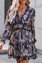 Load image into Gallery viewer, Navy Flower Women Floral Print Deep V-neck Dress, Beach Bohemian Sundress Tassel Mini Dress, Cottagecore Dress, Boho Summer Dress for Women, Midi Boho