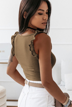 Load image into Gallery viewer, Ruffle Strap Stretchy Ribbed Bohemian Crop Tank | Seamless Scoop Neck Top | Summer Top | 2000s Retro | Vintage | Retro | Boho Hippie Fashion