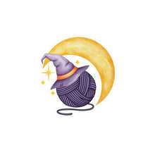 Load image into Gallery viewer, Witchy Yarn Moon Vinyl Sticker — Knitting Witch Hat Kiss-Cut Decal
