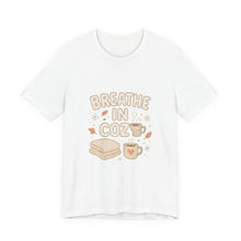 Load image into Gallery viewer, Breathe In Cozy T‑Shirt — Cute Fall Cozy Tee with Mug &amp; Blanket Graphic
