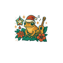 Load image into Gallery viewer, Holiday Frog Vinyl Sticker — Festive Frog with Santa Hat, Guitar &amp; Poinsettias (Kiss-Cut Decal)
