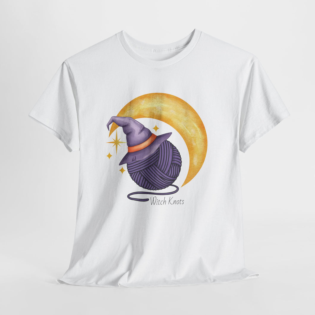 Witch Knots Moon T‑Shirt — Cute Yarn Ball and Witch Hat Illustration Tee